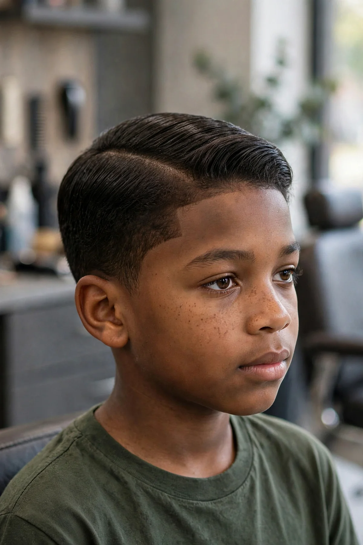 Boy with a classic 90s side part, neat combed top with a clean part line — 90s boy haircuts
