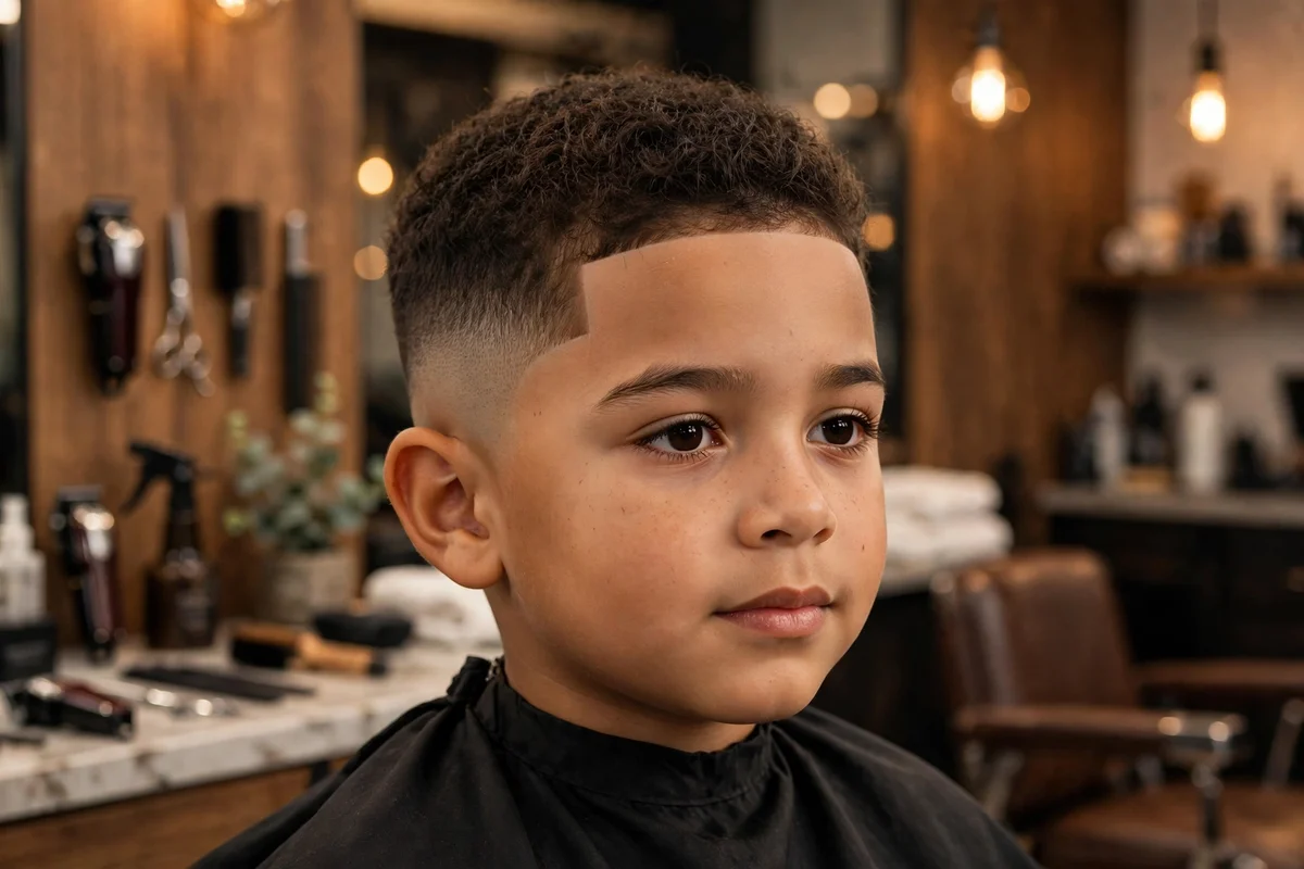 Little boy clean lineup with low fade haircut, sharp lineup edges with low faded sides, precise kids haircut