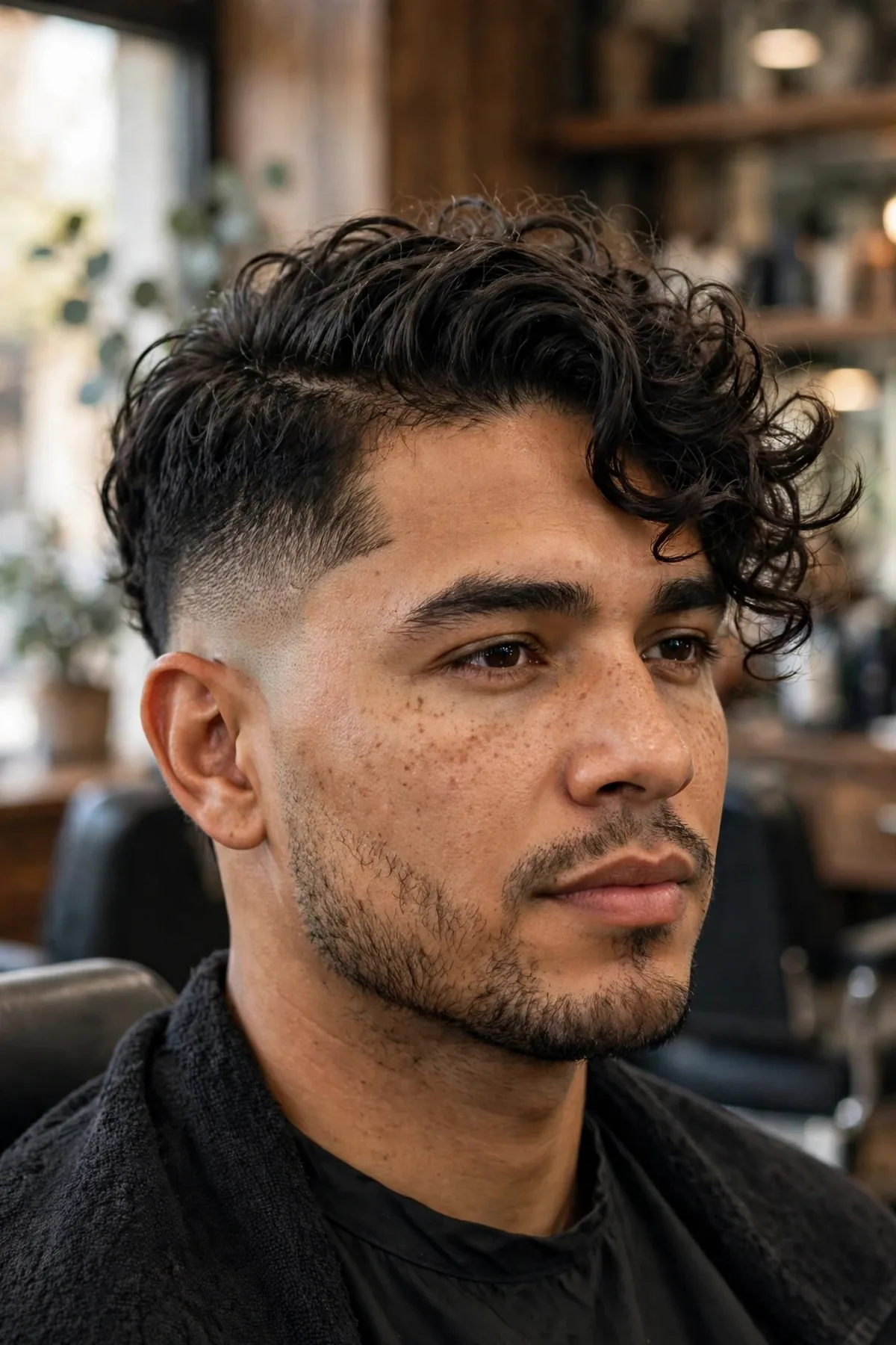 Drop fade with side-swept curls haircut, drop fade arcing behind the ear with longer curls swept to one side