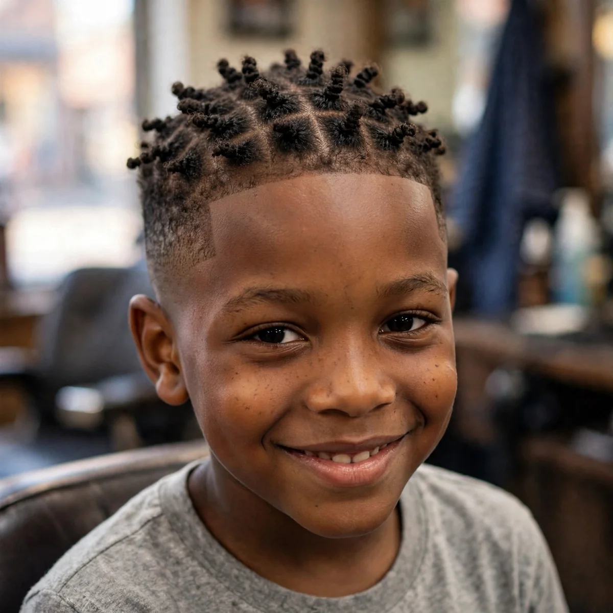 Black boy about 8 years old with small uniform mini twists across the top of the head and a mid taper fade on the sides