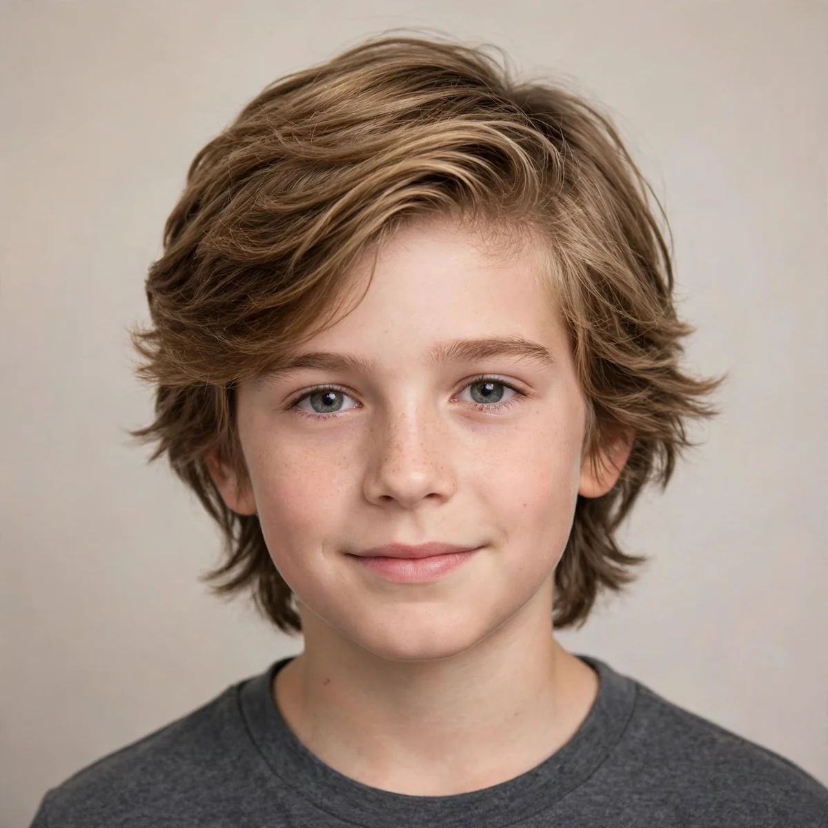 Boy with a shaggy flow haircut, medium-long hair swept back with layered flow