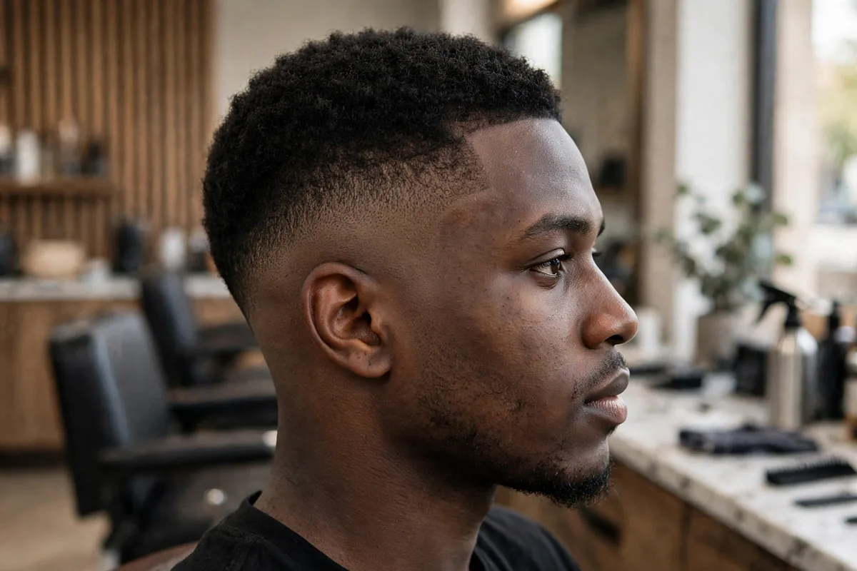 Low burst skin fade haircut arcing around the ear down to skin, short top, crisp curved fade shape