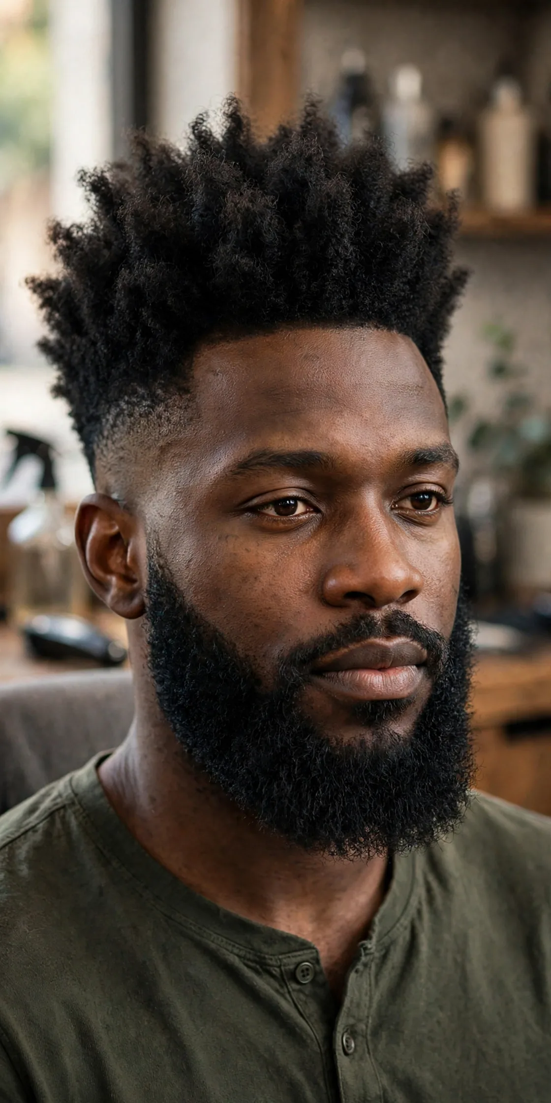 High top haircut with a full beard, tall top with faded sides and a thick connected beard, masculine barbershop photography