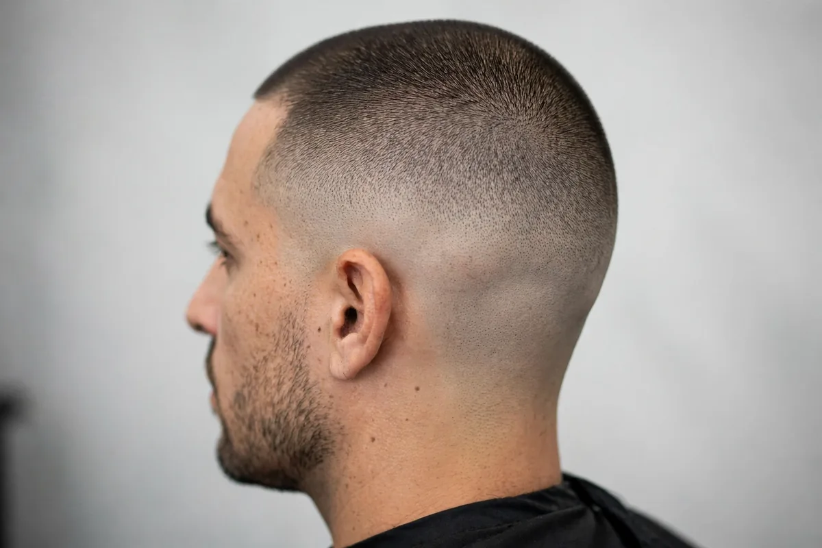 Buzz cut with mid drop fade haircut, short even top barber photo