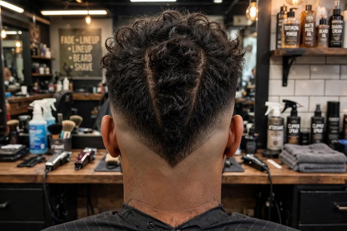 Fohawk V haircut for men with wide strip and V-shaped nape