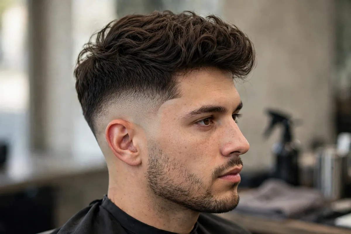 Burst high skin fade curving around the ear, fading to skin with a longer top