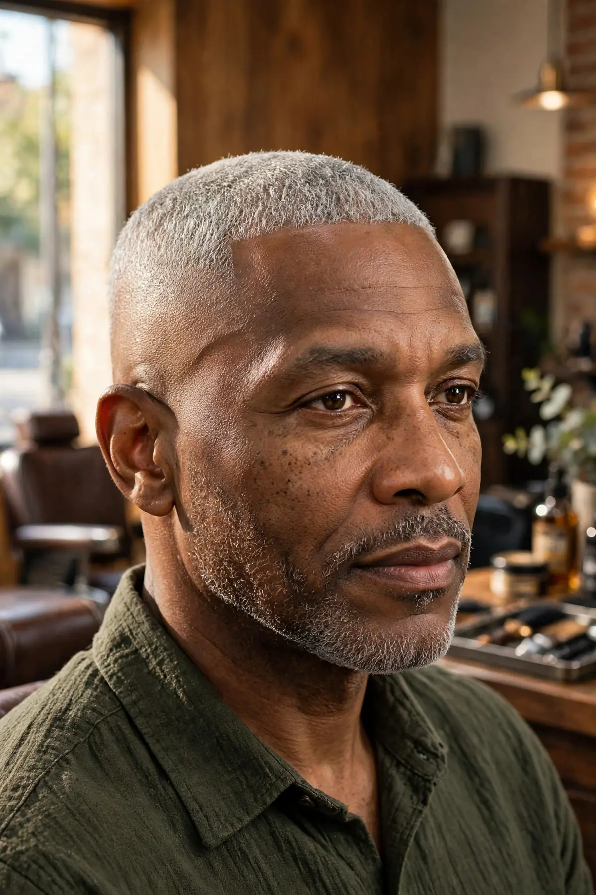 Gray-haired man over 50 with buzz cut and skin fade, very short silver top