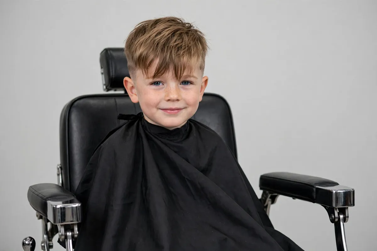 Boy with long fringe and short sides, textured bangs over faded sides, a modern cute boy haircut