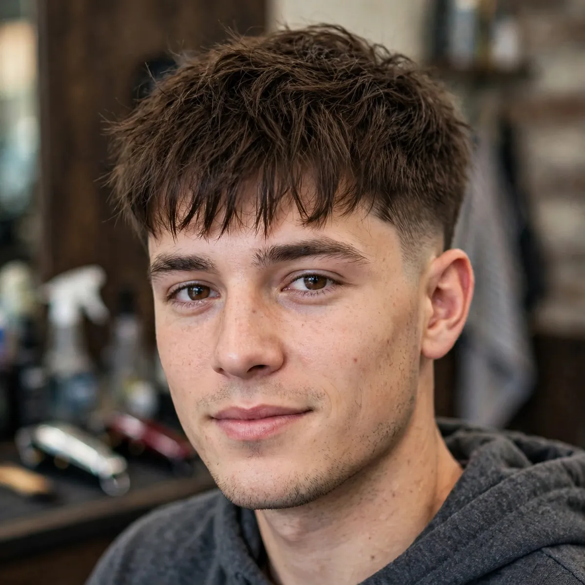 Short messy fringe with tousled forward top and clean sides, a youthful simple haircut for men