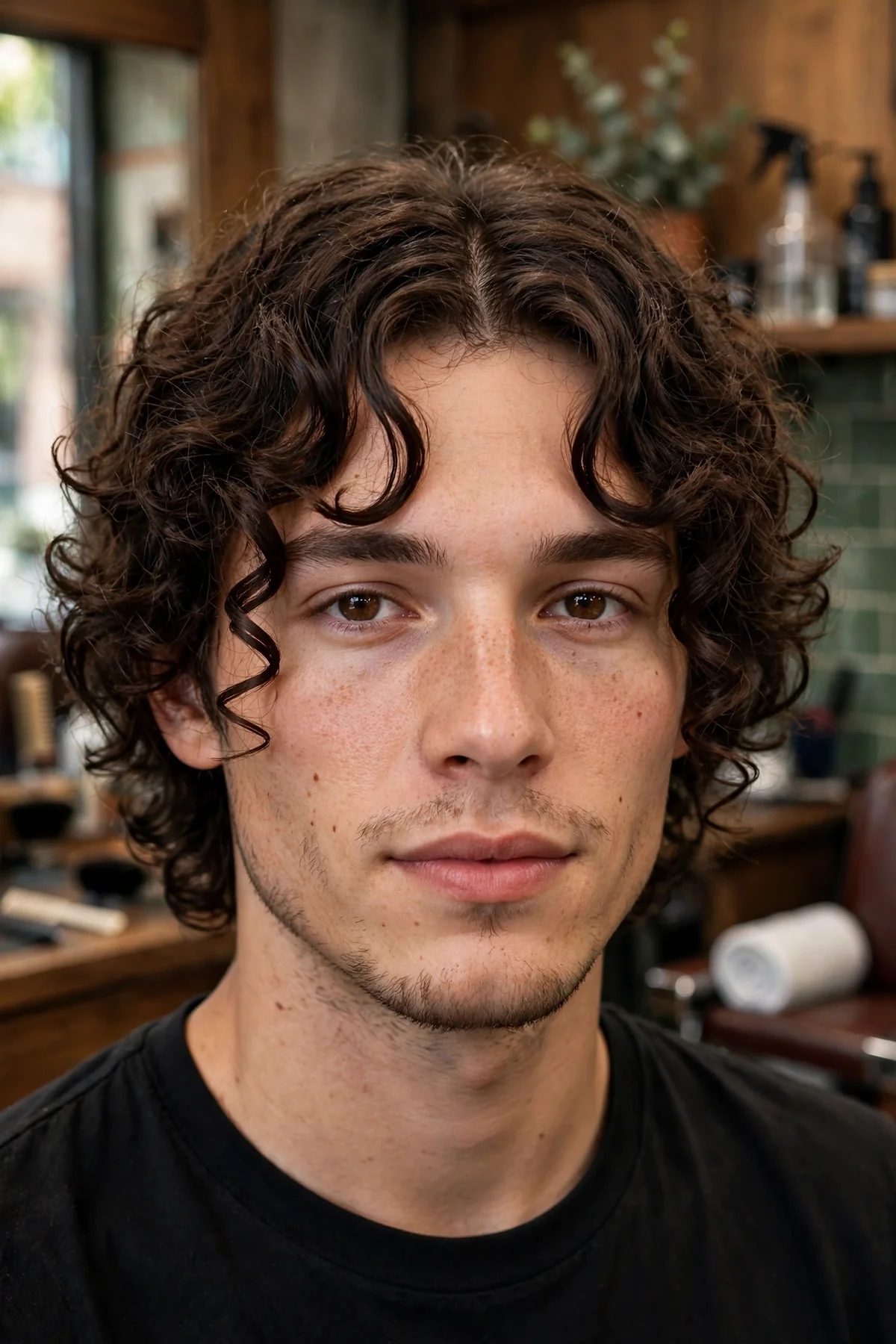 Curly curtain bangs haircut for men with curls parted softly in the middle