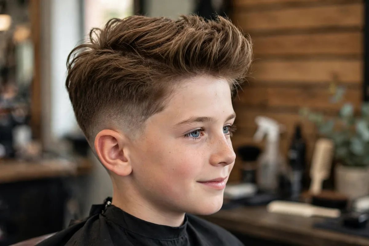 Quiff fade haircut for boys, voluminous front quiff with mid faded sides, stylish boys fade