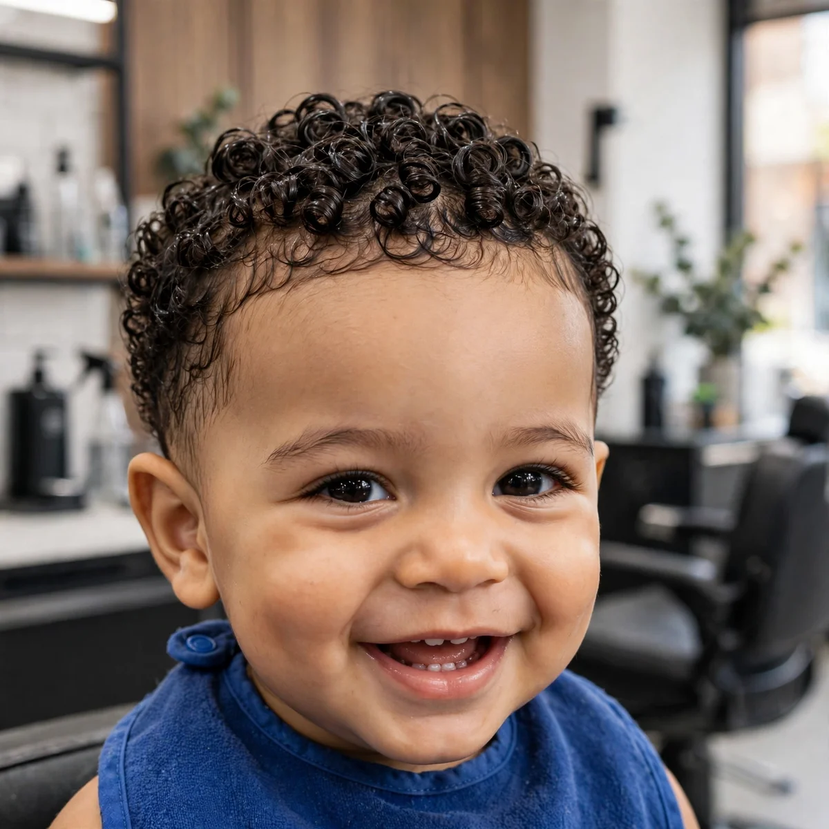 Baby boy with a defined coil crop haircut, defined curls baby boy haircut