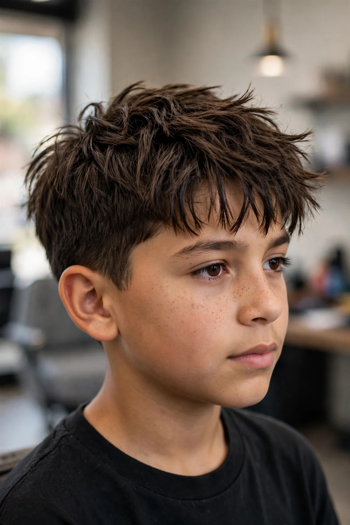 Boy with a 90s-inspired textured crop, short choppy fringe, modern and neat — 90s boy haircuts