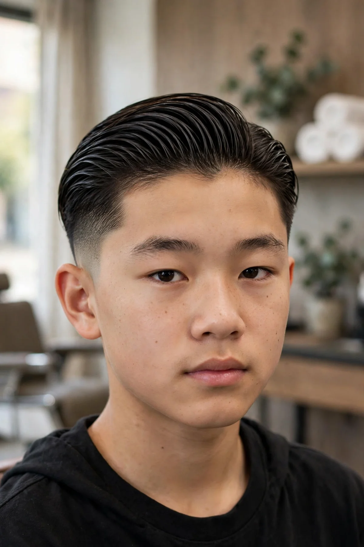 Asian teen boy with a slicked-back undercut asian boy haircut, combed-back top and sharp sides