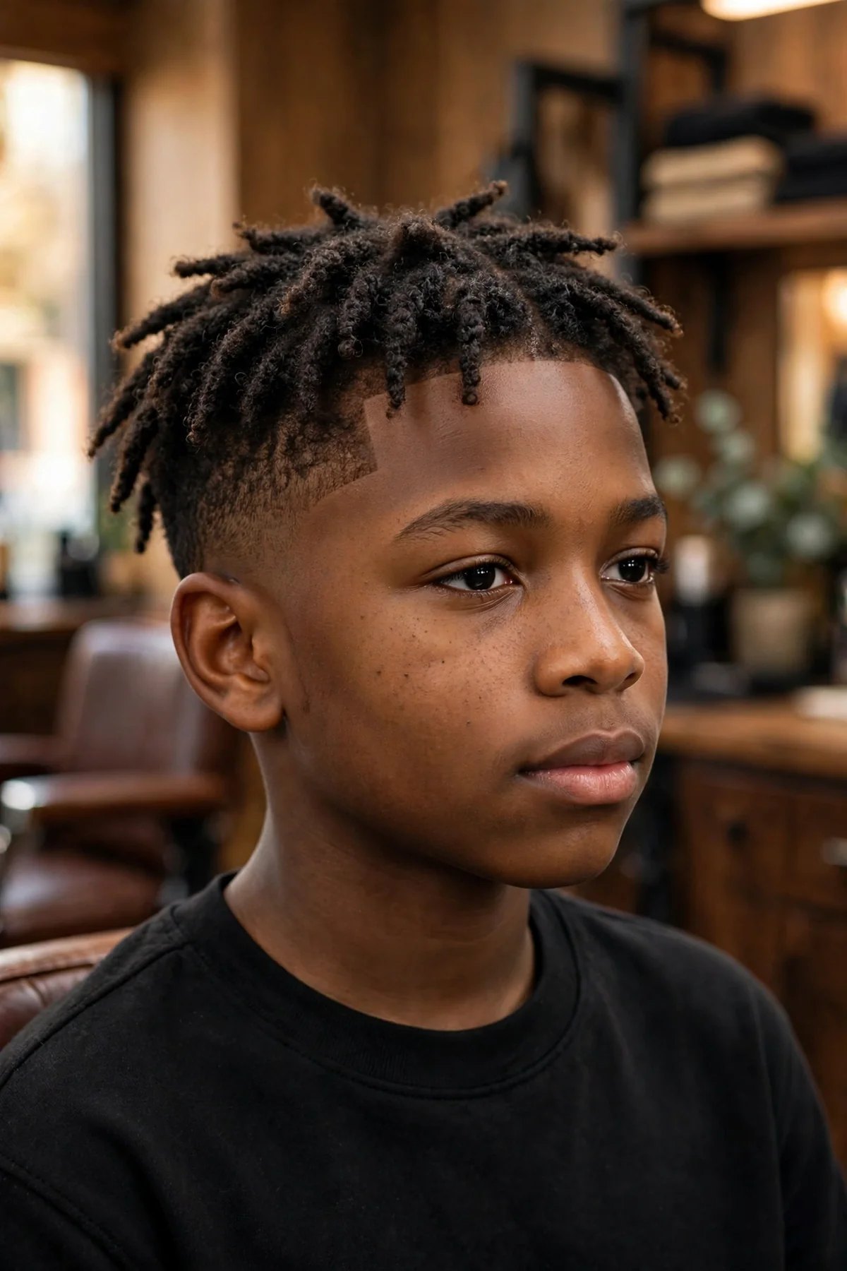 Black boy about 12 years old with short starter locs on top and a tapered nape and sideburns