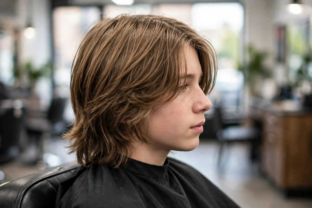 Boy with a long shaggy curtain haircut, center-parted long layers framing the face