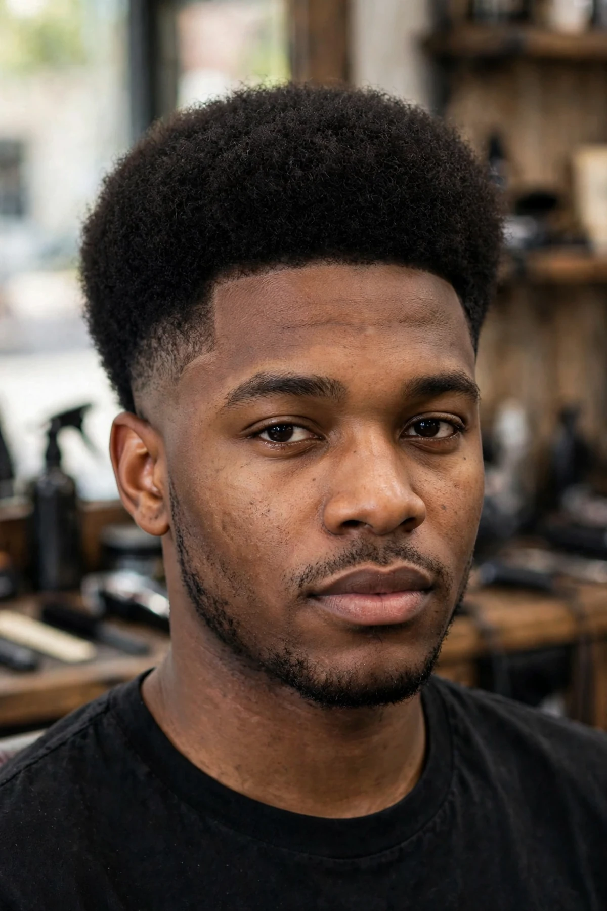 Afro fade haircut with rounded afro and tapered sides