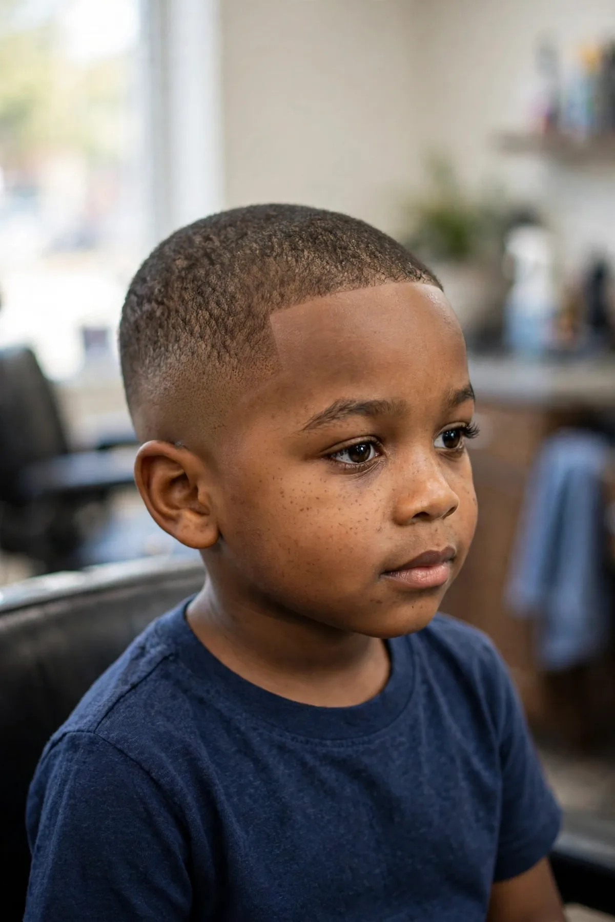 Little boy with an induction cut and taper fade haircut for boys — very short even cut with tapered edges