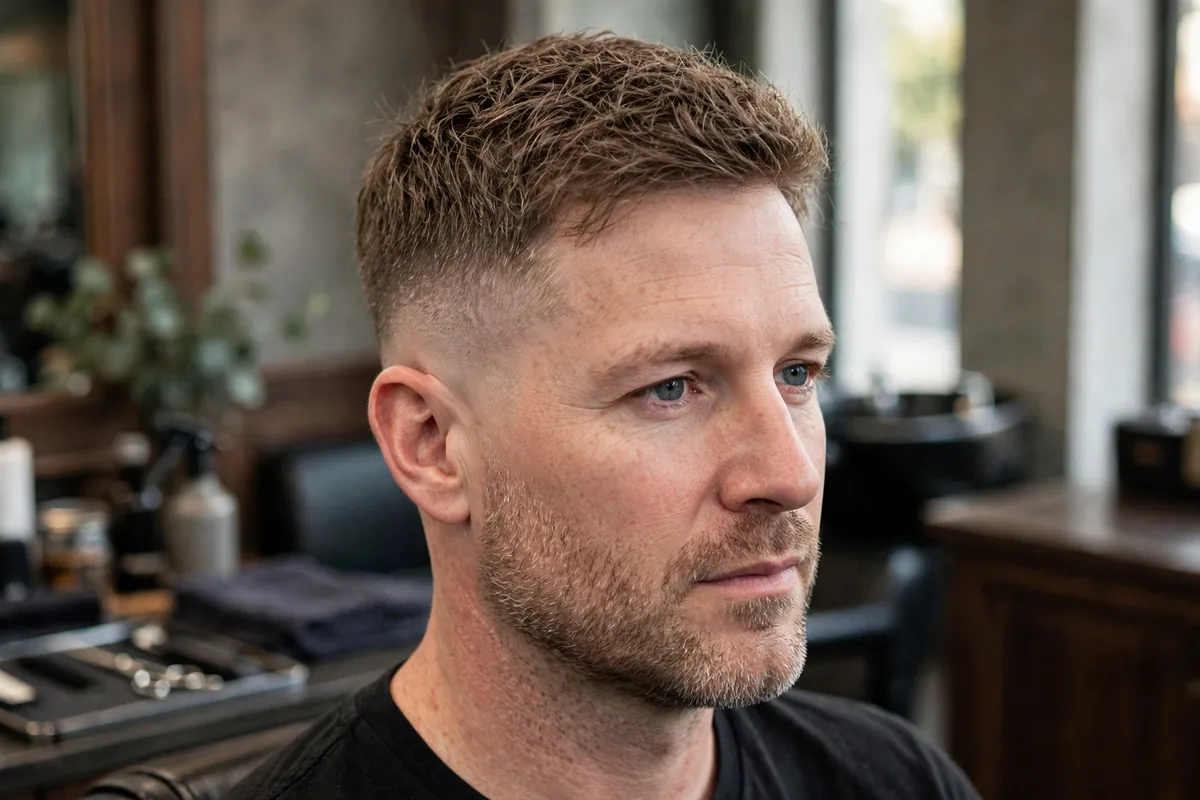 Low temple skin fade haircut, skin fade only at the temples and sideburns, short sides, textured top