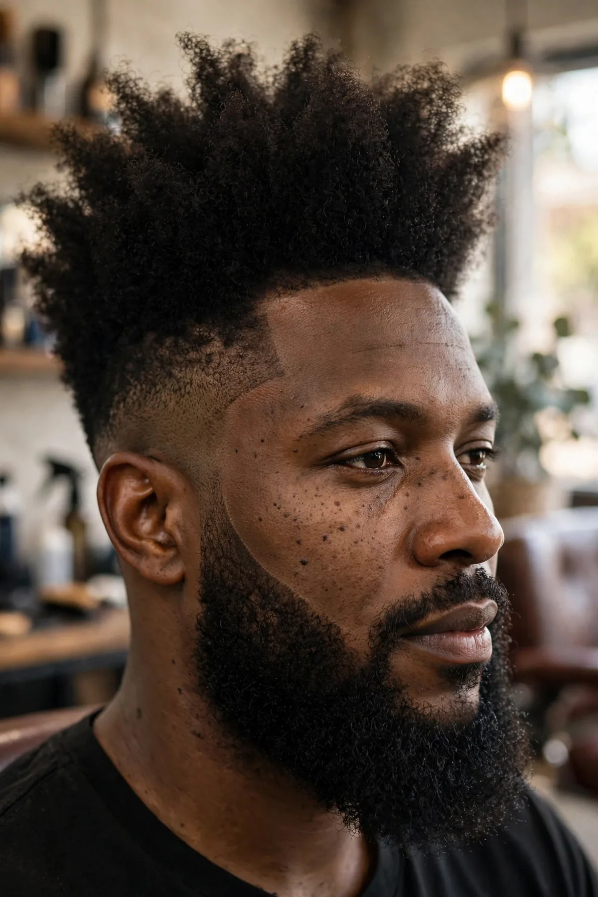 High top haircut with a beard fade, tall top with the beard faded from the sideburns, detailed barbershop photo