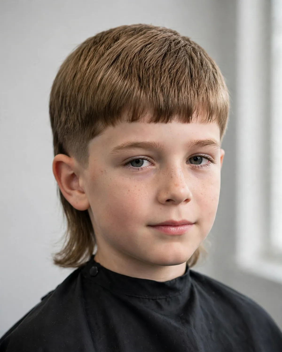Caesar boys mullet haircut photo — short horizontal fringe, even 1.5-inch top, short back