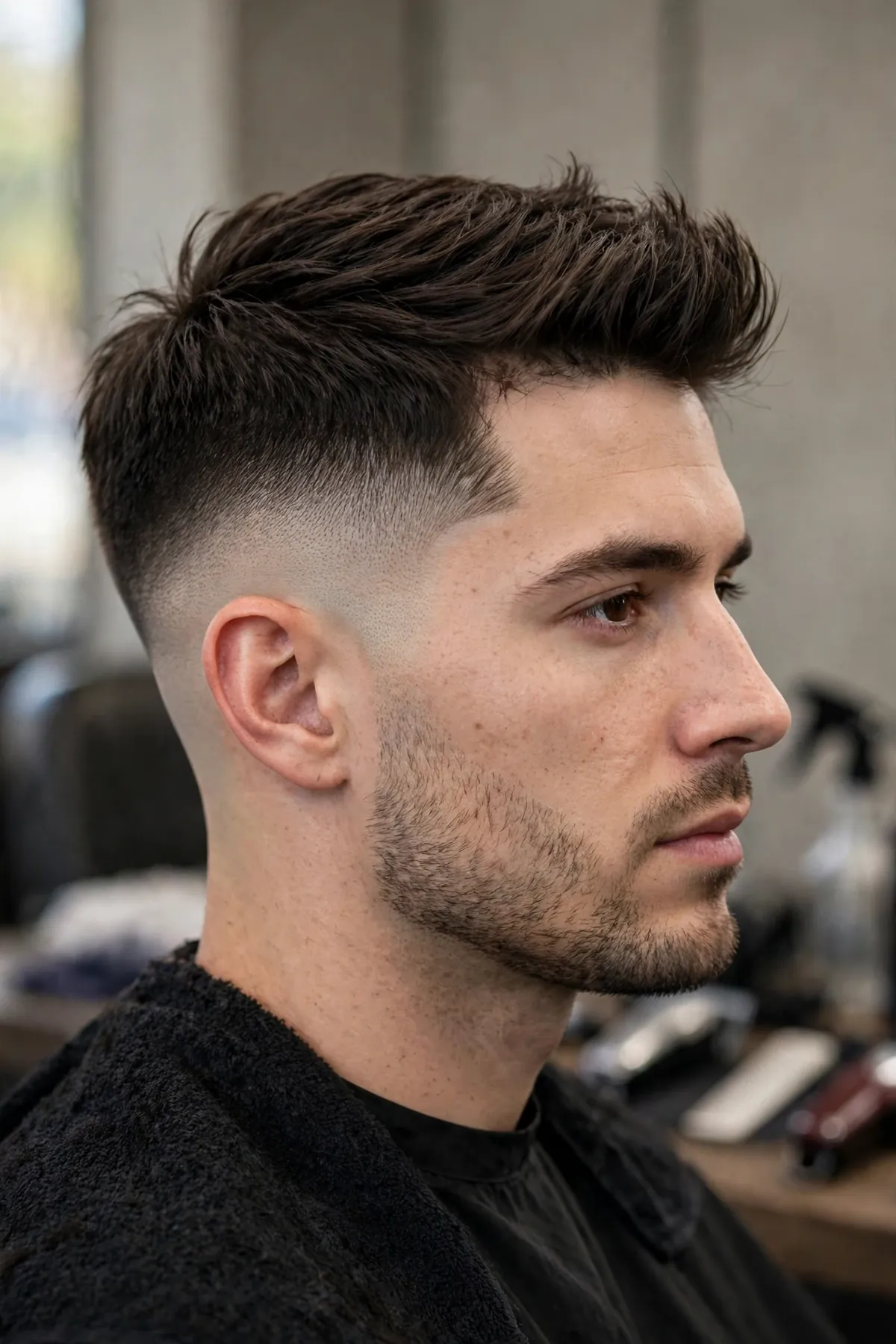 Drop high skin fade with a curved fade line dropping behind the ear