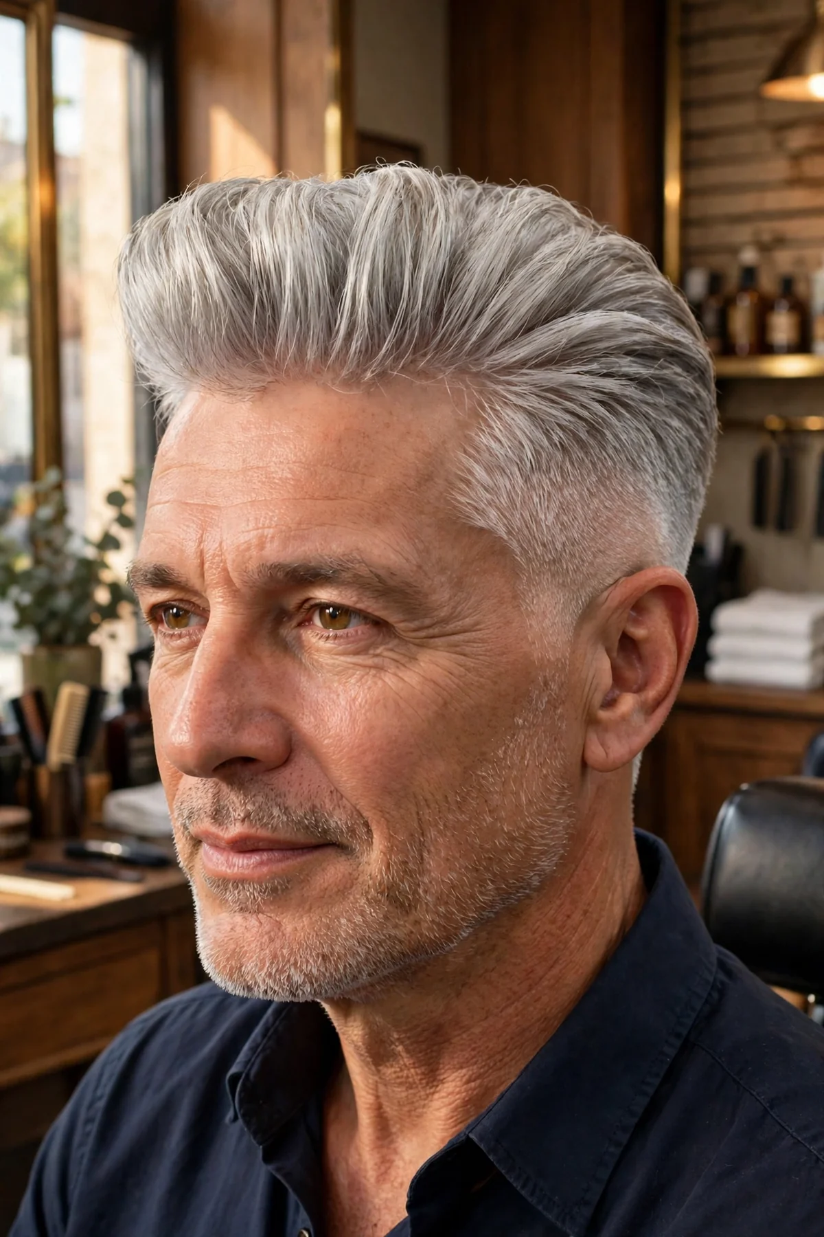 Distinguished silver-haired man with pompadour haircut and low fade