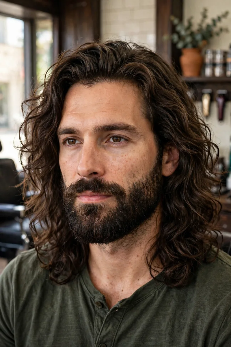 Long wavy hair with beard for men — long wavy hair paired with full groomed beard