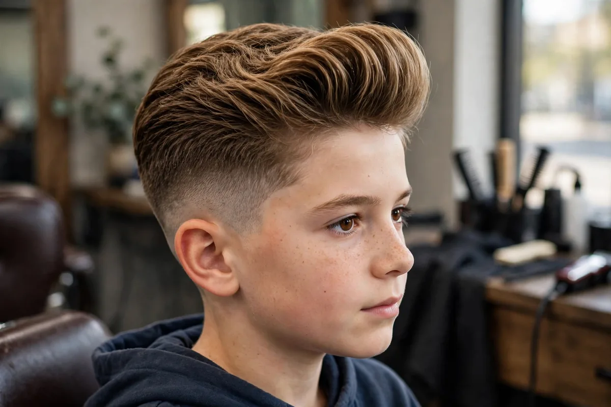 Pompadour fade haircut for boys, voluminous pompadour top with faded sides, retro cool boys fade