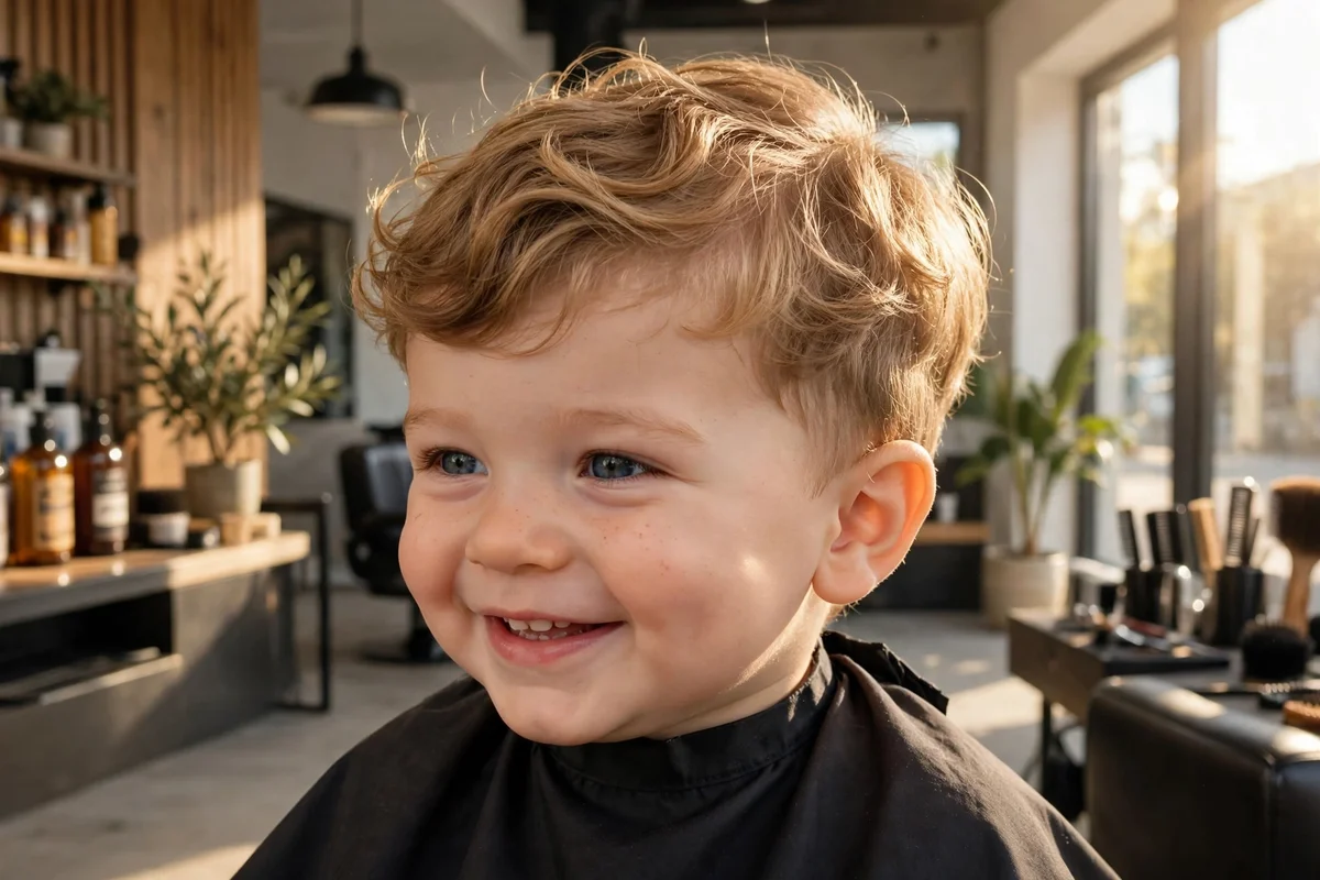Baby boy with a wavy surfer top haircut, beachy waves baby boy hairstyle