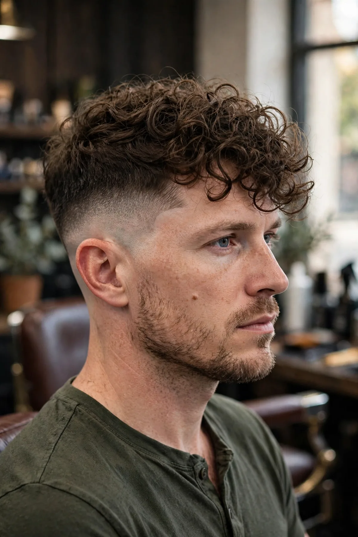 Undercut fade with curly top haircut, disconnected faded sides with long curly top