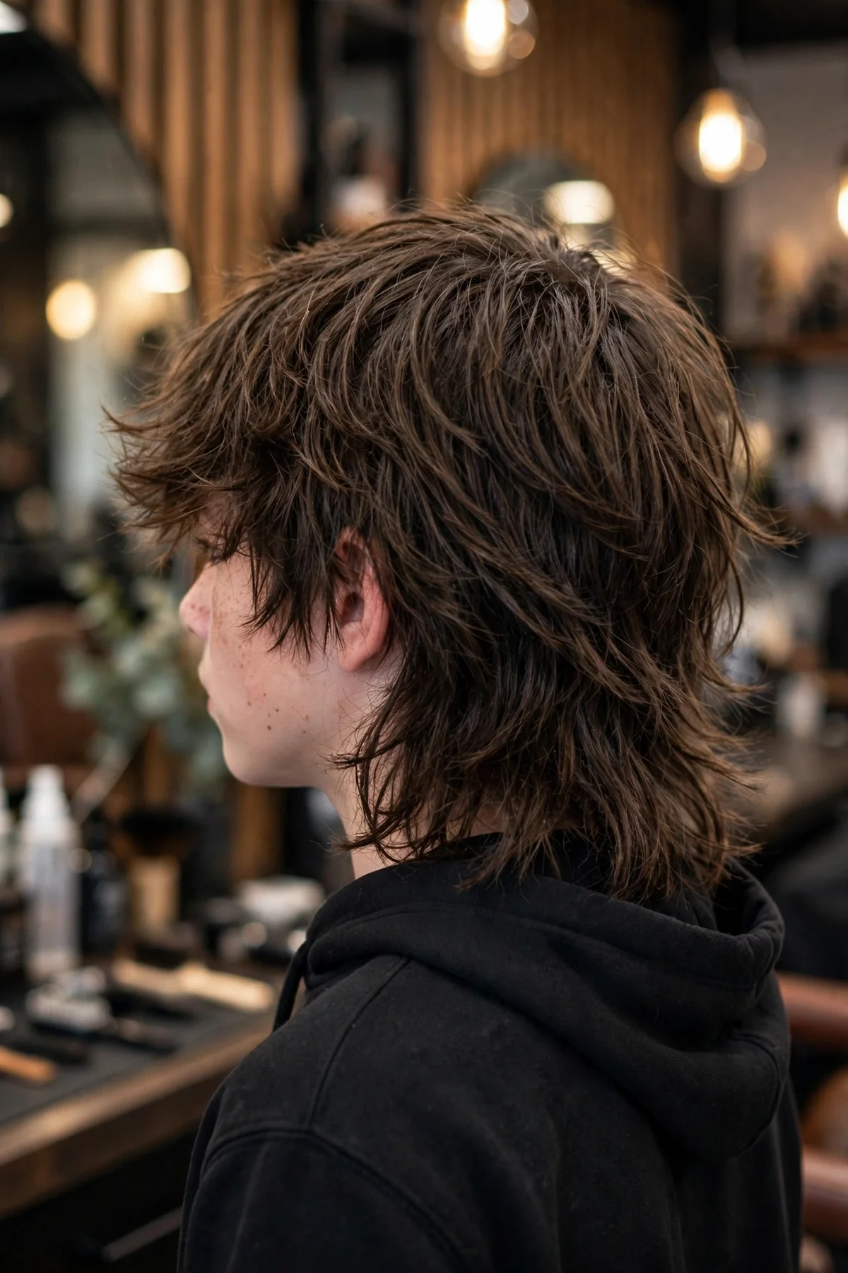 Boy with a long rocker shag, shoulder-grazing choppy layers with an edgy cool look