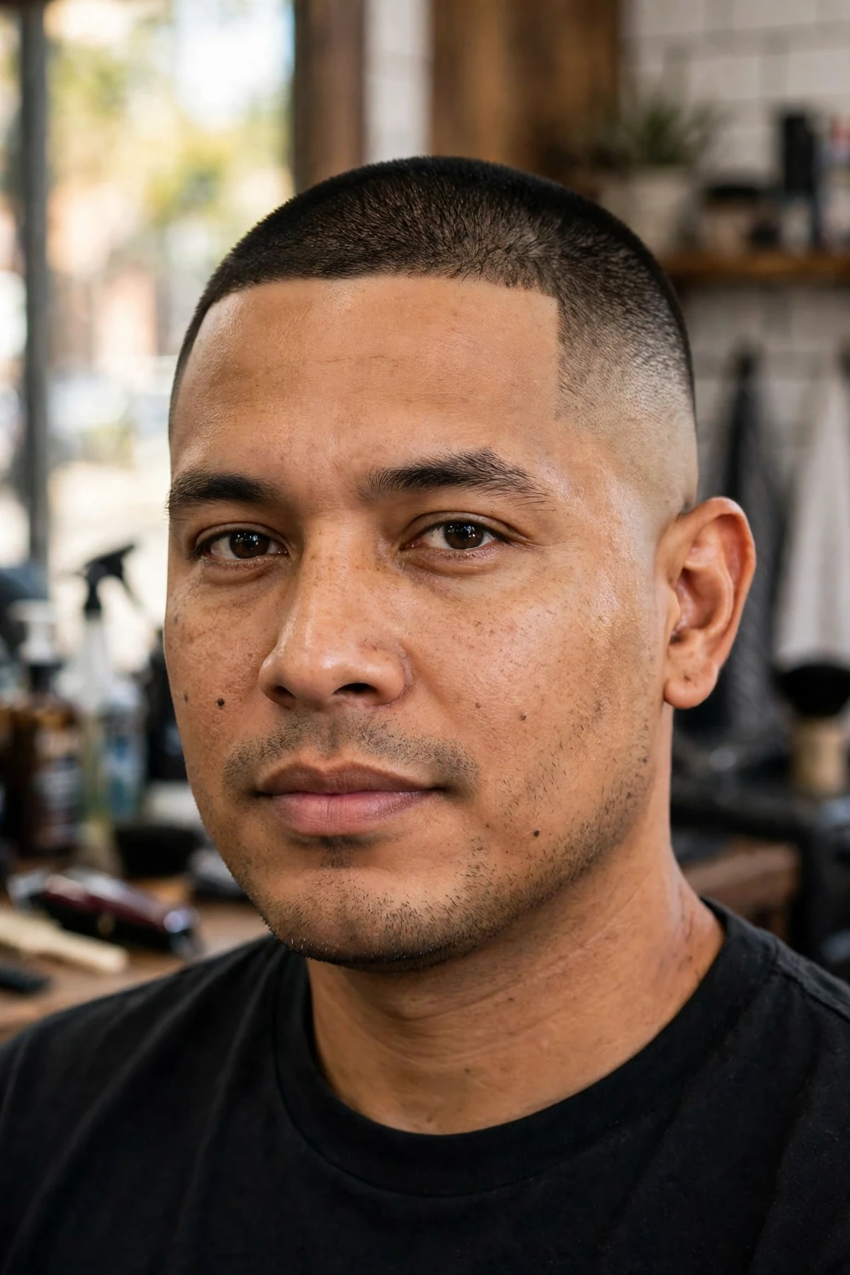 Buzz fade haircut with buzz cut top and high fade