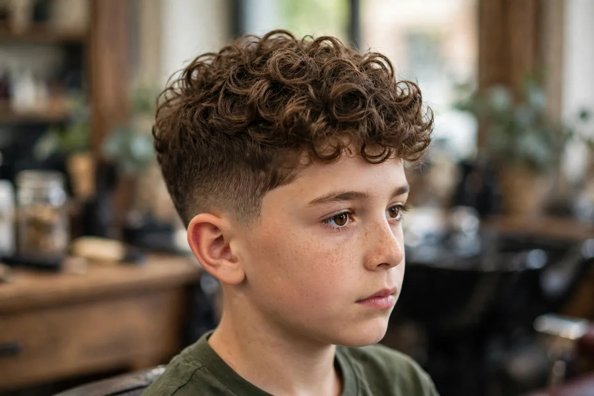 Photorealistic photo of a boy with a defined-curl longer crop, well-defined curls with extra length on top and neat tapered sides, clean modern barbershop look. A tidy modern longer boy haircut for curls.