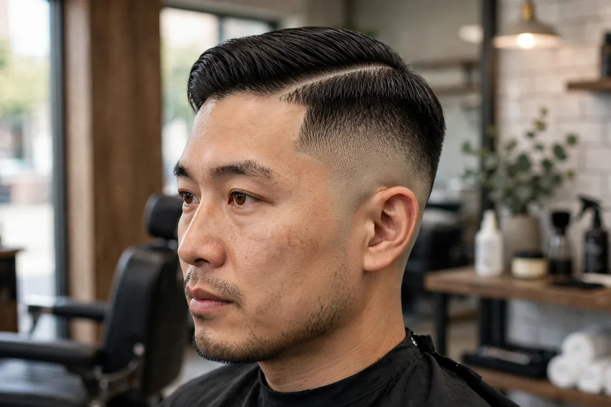 Low skin fade haircut with hard part, shaved part line, comb-over top, low fade to bare skin above the ears