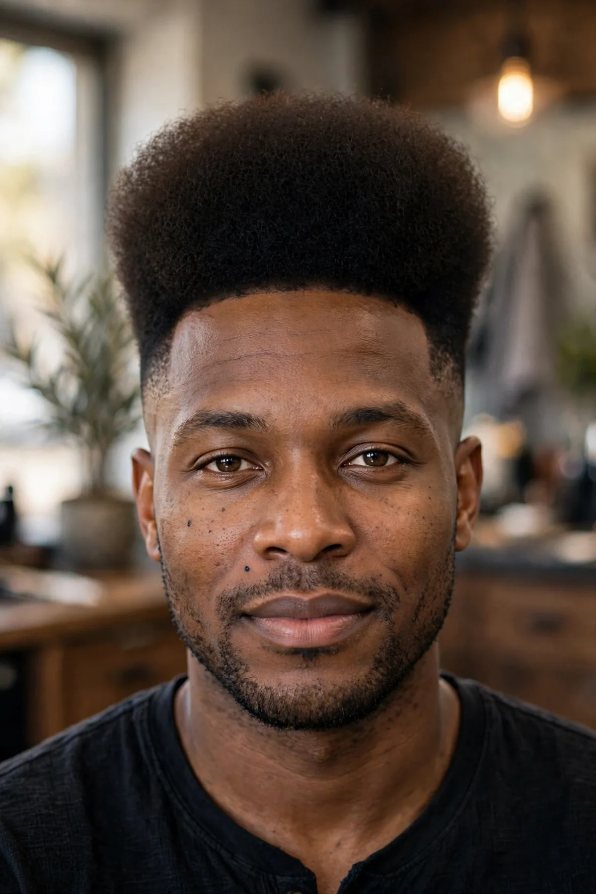 Rounded high top haircut, softly rounded tall top with clean faded sides, smooth barbershop photography