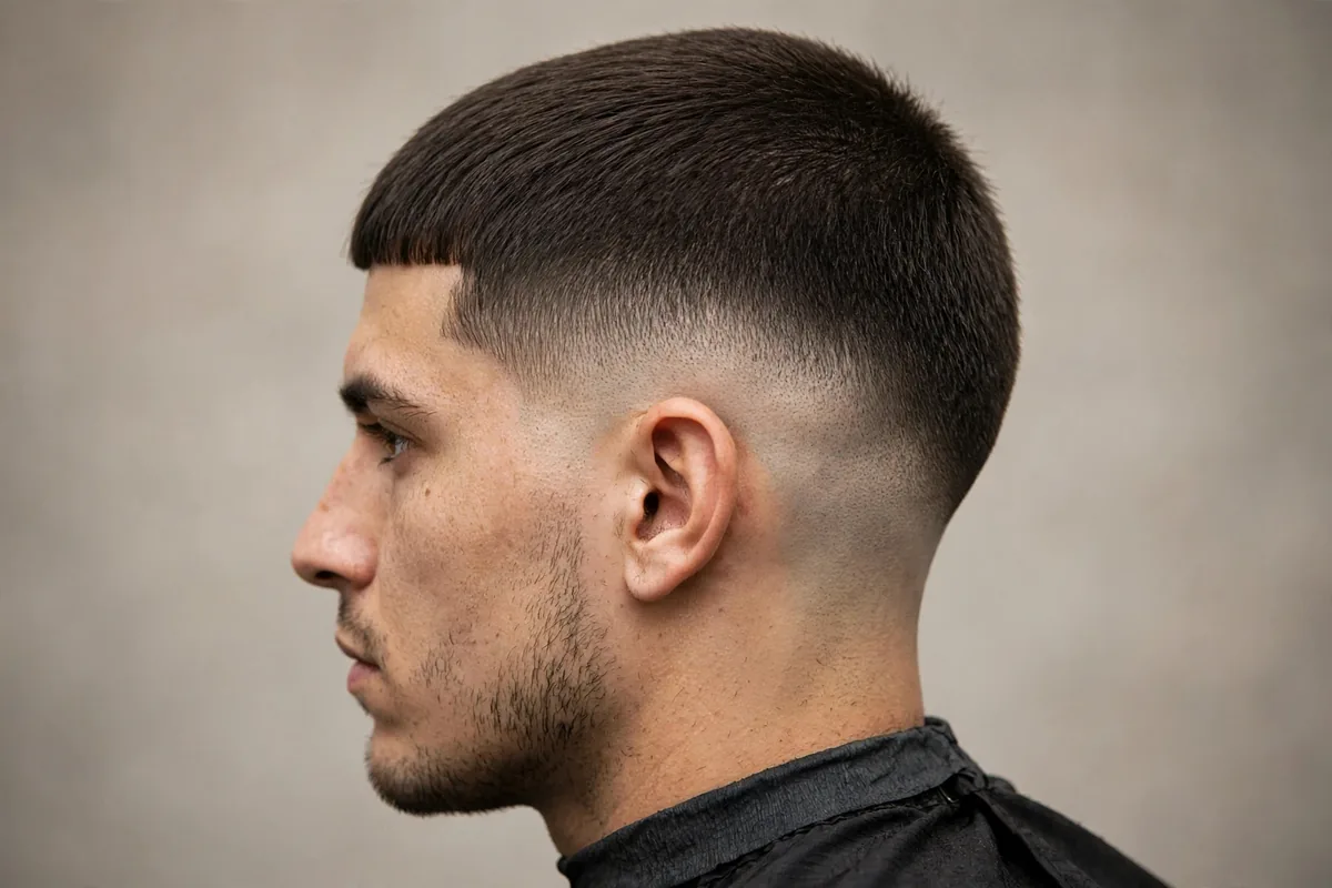 Caesar cut with mid drop fade haircut, short fringe barbershop photo