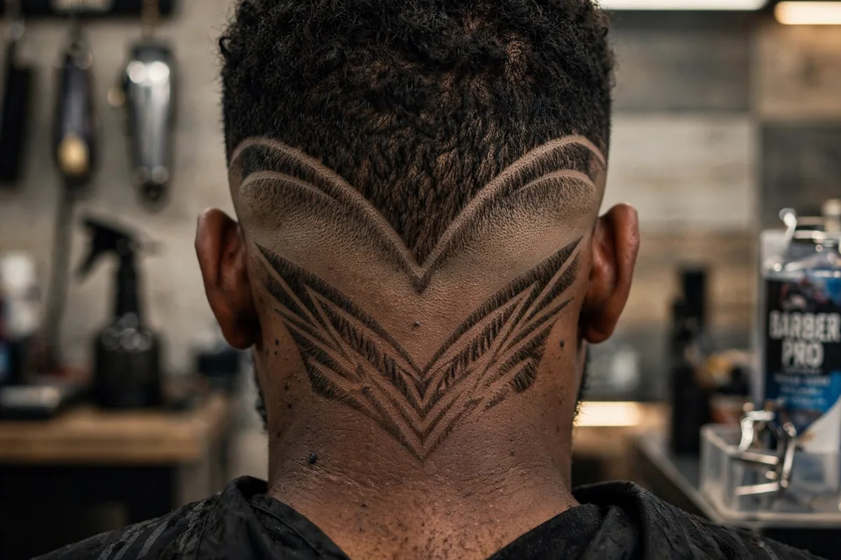 Edgy V design line-up haircut for men with shaved line art around V nape