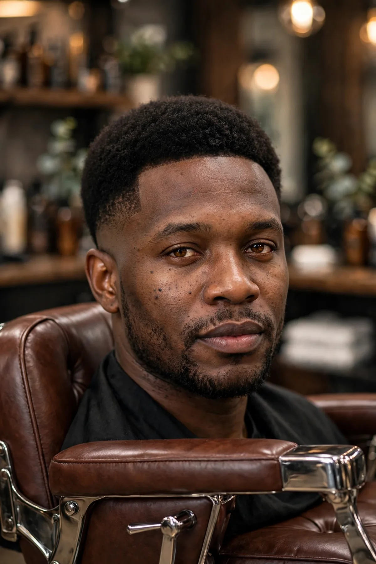 Short afro taper fade haircut — short rounded afro with a sharp taper fade around the ears and neckline