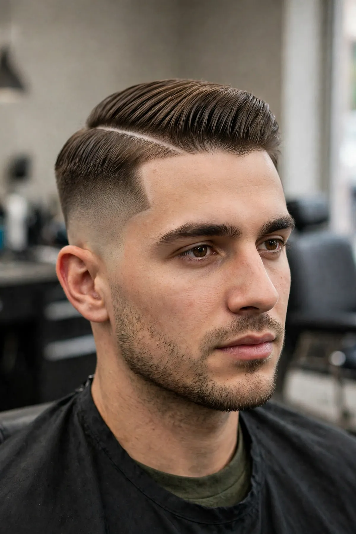 Hard part with a high skin fade, shaved part line and combed top