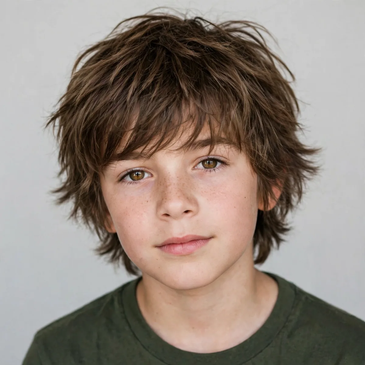 Messy shaggy haircut on a 10 year old boy, a relaxed layered boys hairstyle