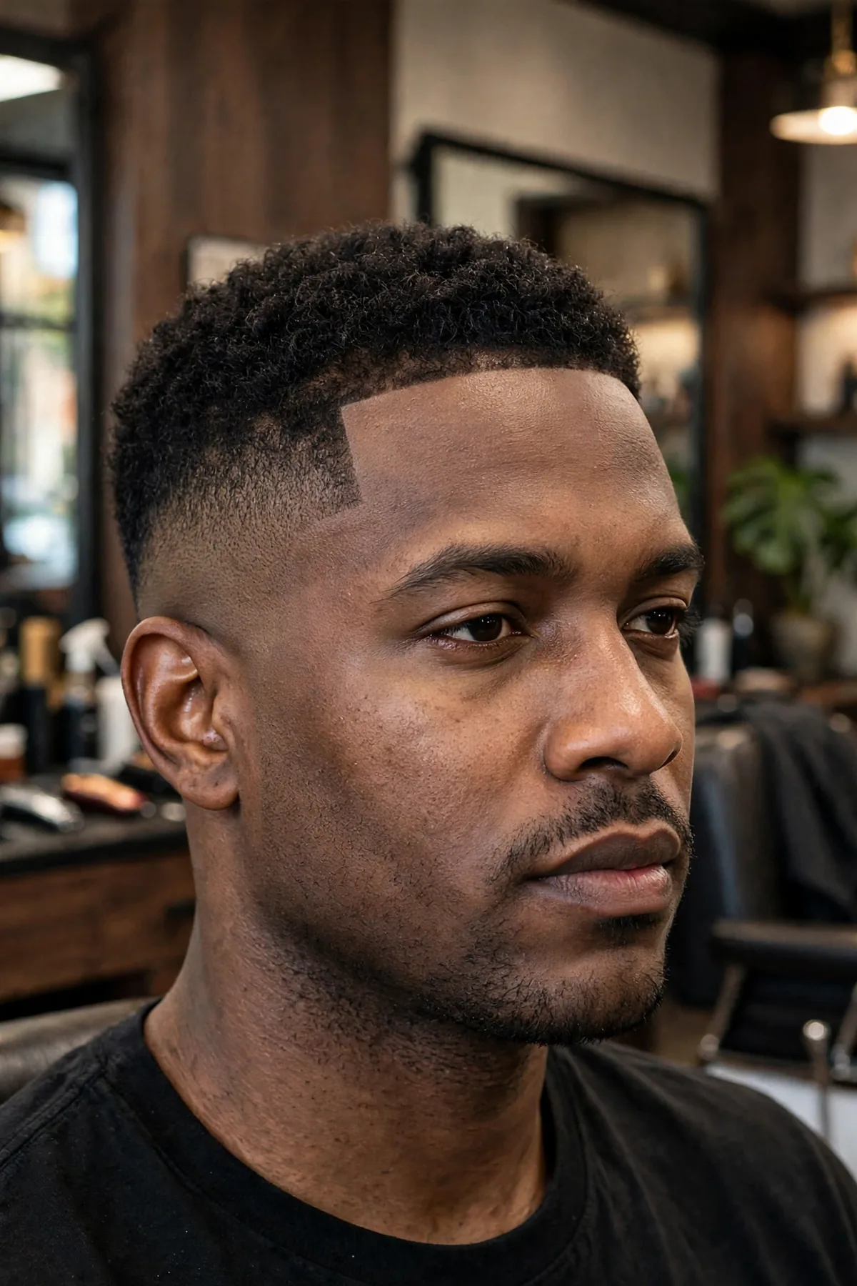 Shadow fade with shape up for men, razor-sharp hairline lineup, crisp temple corners, soft shadow stubble fade at the sides