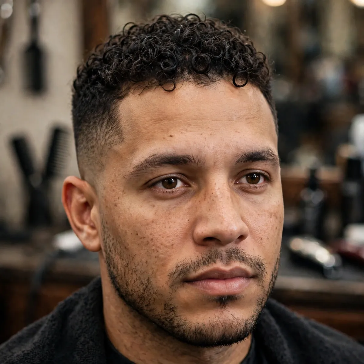 Short curly crop with defined curls on top and tapered sides, a simple haircut for men with curly hair