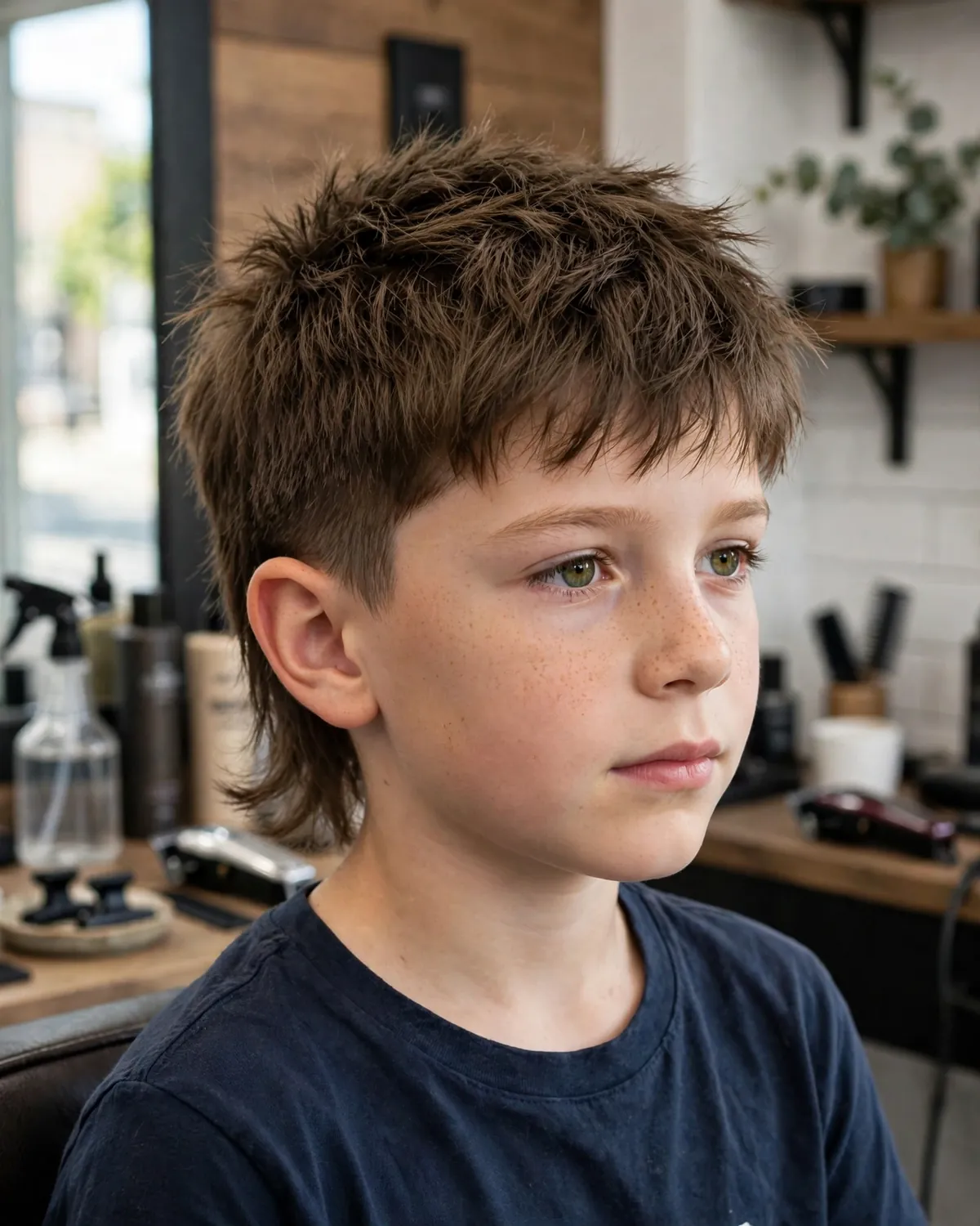 Textured crop boys mullet haircut photo — choppy 2-inch crop top, faded sides, short back