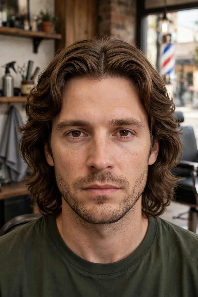 Middle-part wavy hair for men — clean middle part with waves falling on both sides