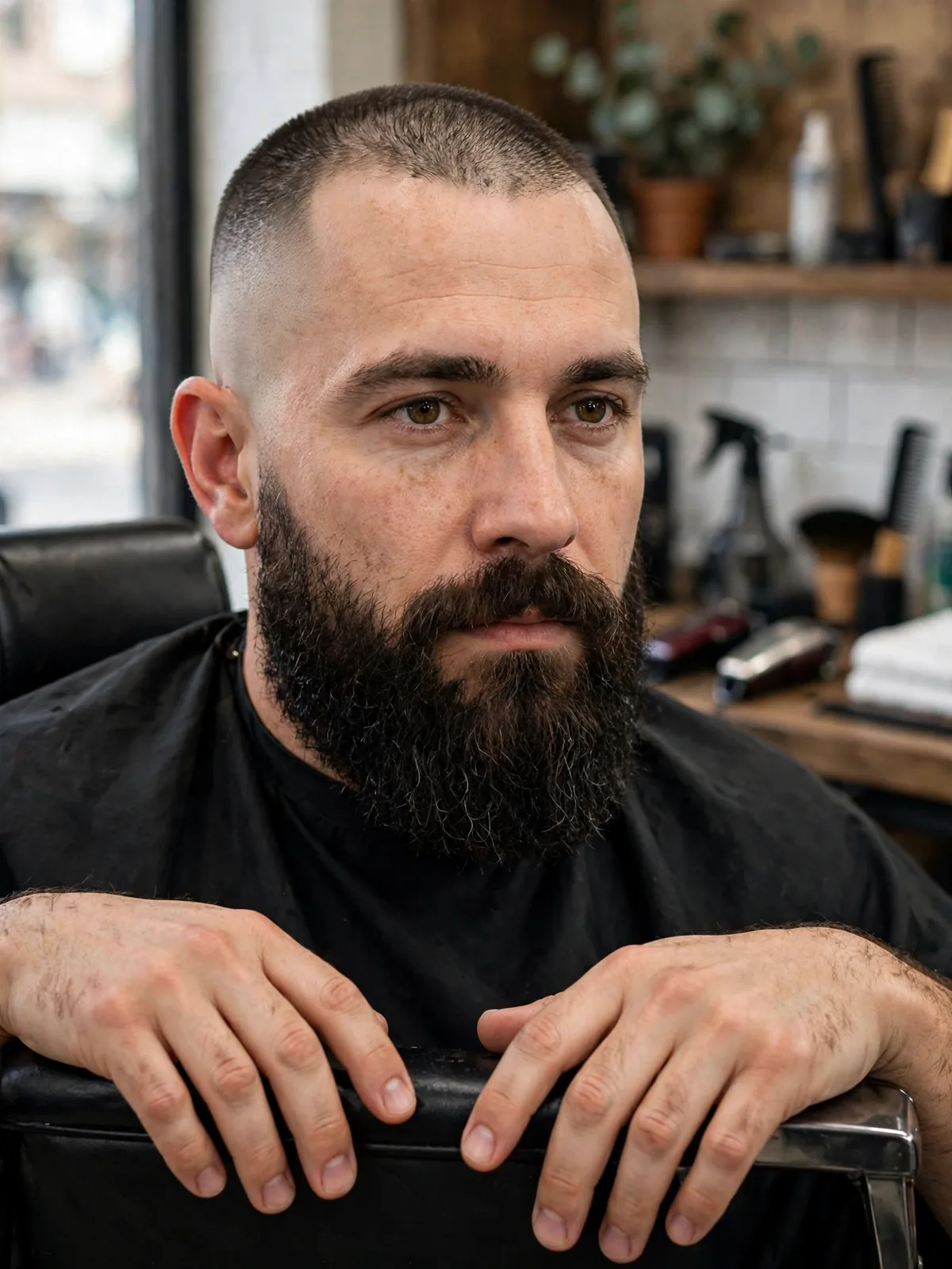 Coarse buzz cut with high skin fade and beard for men — short buzz, faded sides, full beard