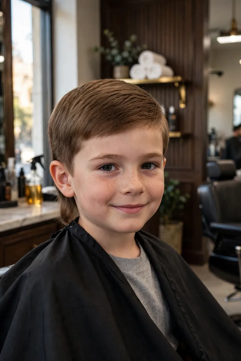 Boy with a clean-cut kids mullet haircut — minimal length difference between top and back, very neat and polished