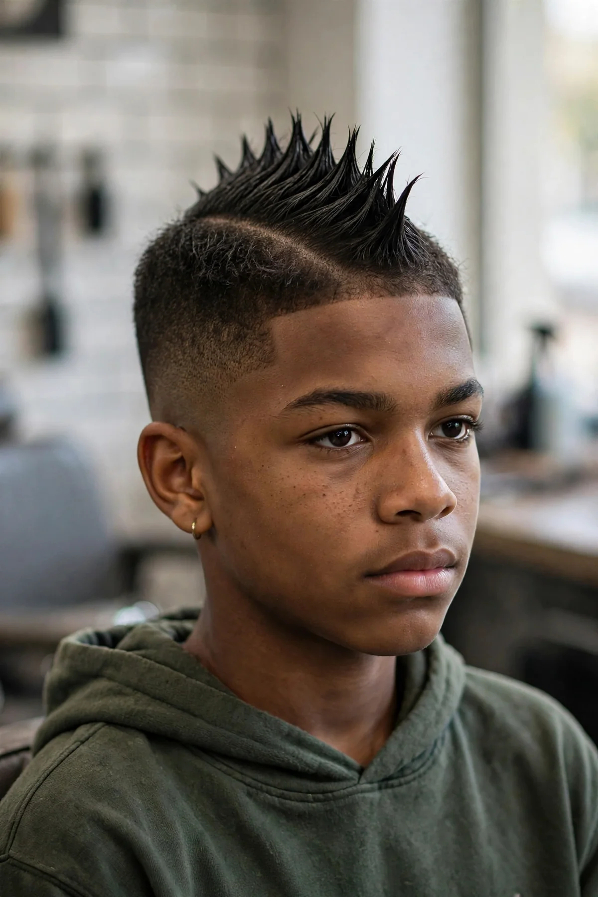 Teen with a late-90s faux hawk, shorter sides with a spiked strip down the center — 90s boy haircuts