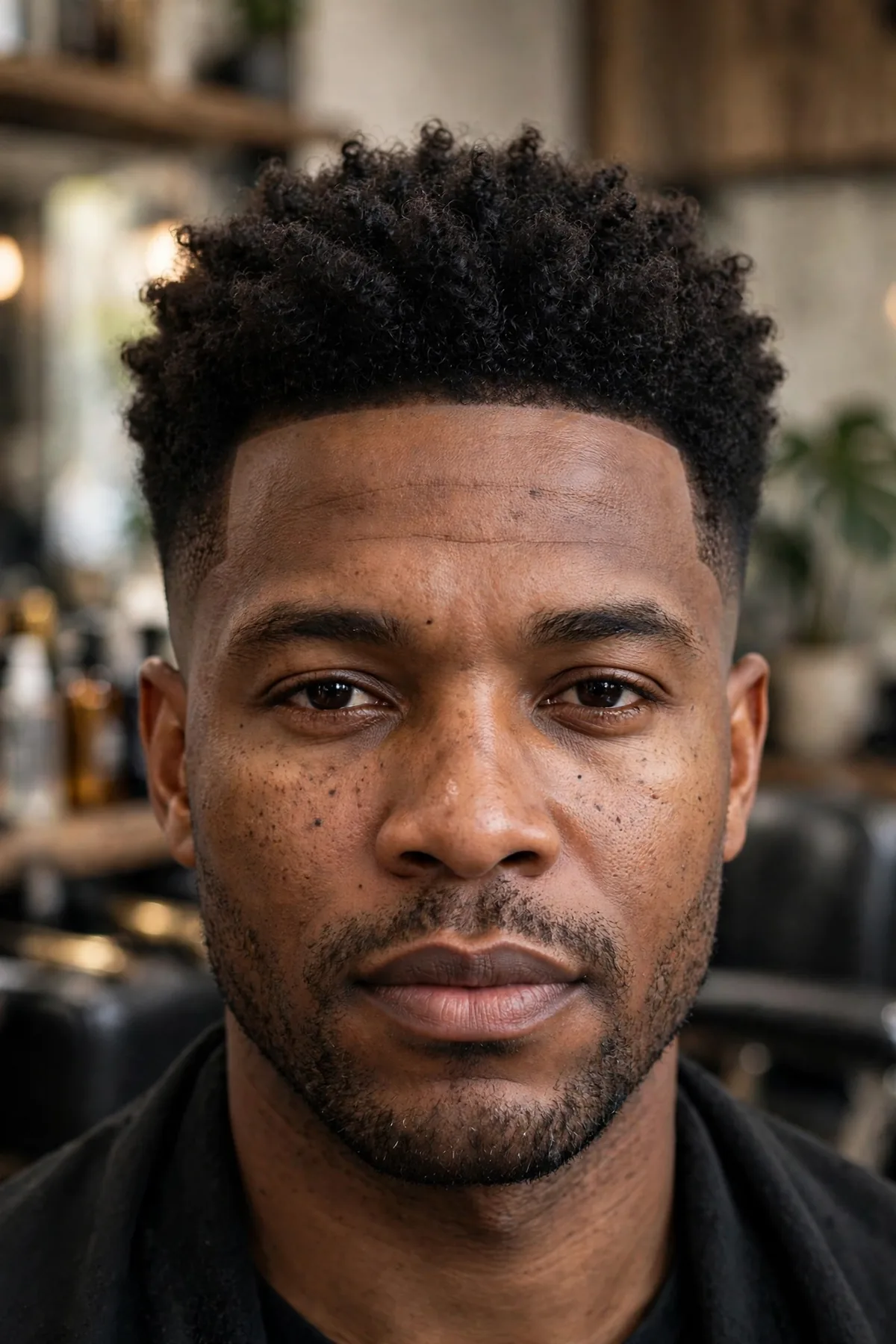 Curly tapered fro haircut, neatly shaped tapered afro with clean edges and faded nape