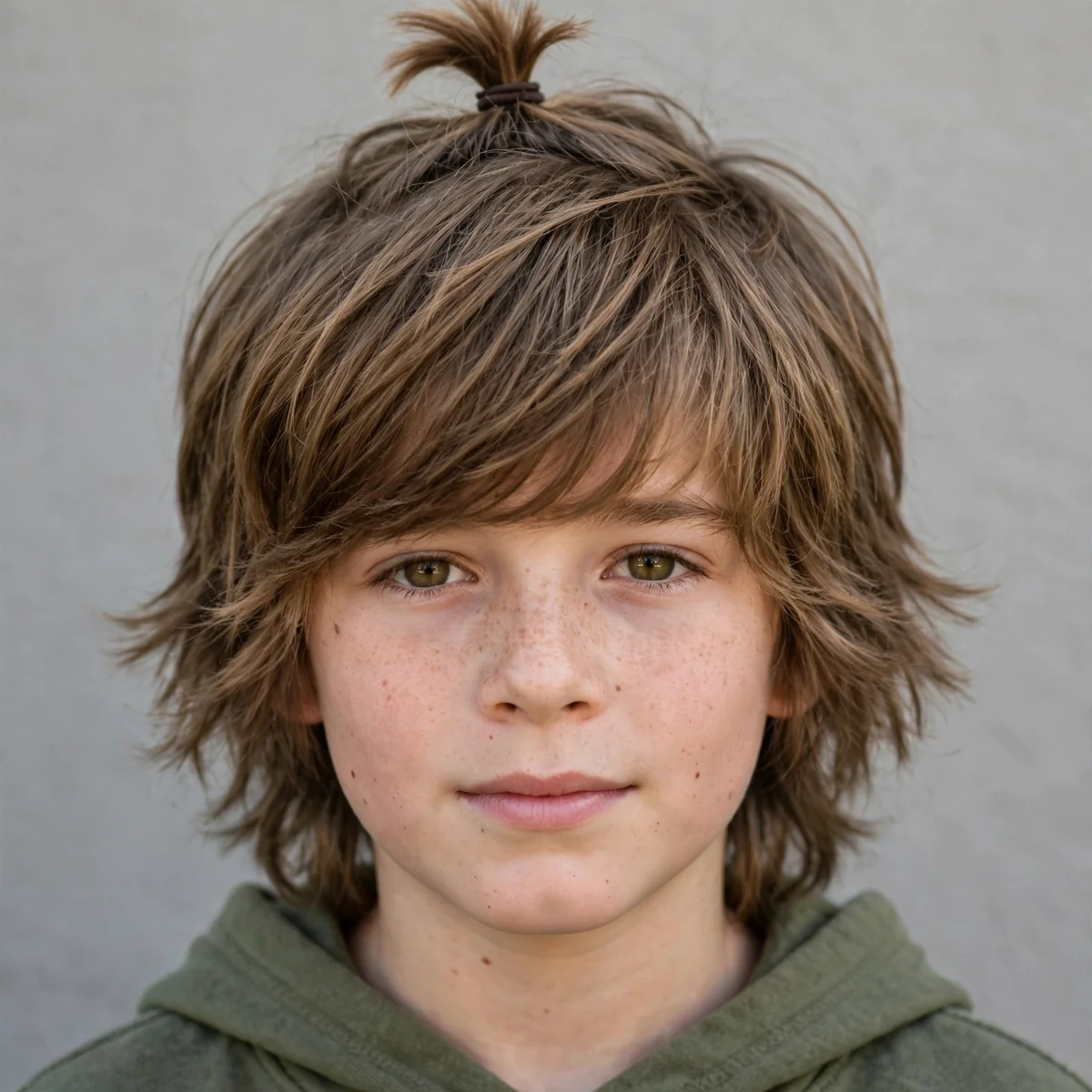 Boy with a long shaggy haircut tied in a small top knot, layered fringe framing the face